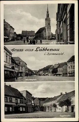 Ak Lübbenau im Spreewald, Marktplatz, Kirche, Topfmarkt