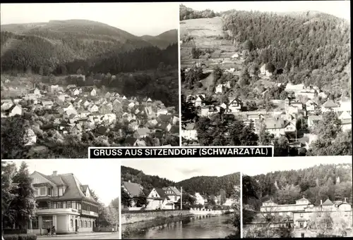 Ak Sitzendorf in Thüringen, HO-Hotel Linde, An der Schwarza, Hotel Bergterrasse, Panorama