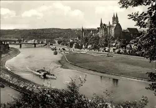 Ak Meißen an der Elbe, Blick von Proschwitz, Brücke, Schiffe, Kirche