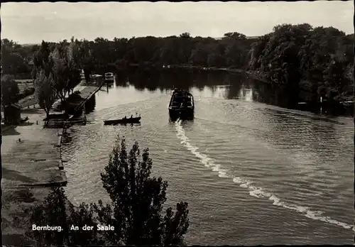 Ak Bernburg an der Saale, Panorama, Fluss, Schiff