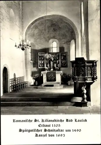 Ak Bad Lausick in Sachsen, Romanische St. Kilianskirche, Spätgotischer Schnitzaltar, Kanzel