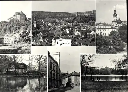 Foto Ak Greiz, Oberes u. unteres Schloss, Stadtkirche, Schwanenhäuschen, Rathaus, Leninpark