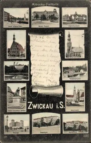 Ak Zwickau, Postamt, Ingenieurschule, Marienkirche, Gewandhaus, Schwanenschloss, Hauptmarkt