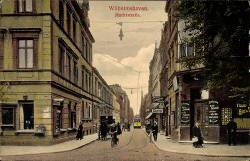 Ak Wilhelmshaven in Niedersachsen, Marktstraße, Bierhalle H. Flacke, Tabakladen, Straßenbahn