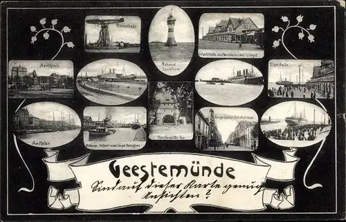 Ak Geestemünde Bremerhaven, Hafen, Riesenkrahn, Leuchtturm, Straßenpartie