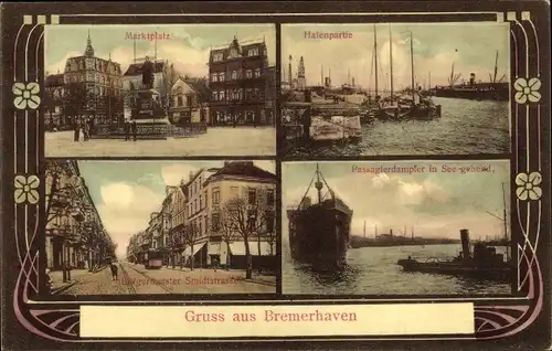 Ak Bremerhaven, Hafenpartie, Marktplatz, Passagierdampfer, Bürgermeister Smidt Straße