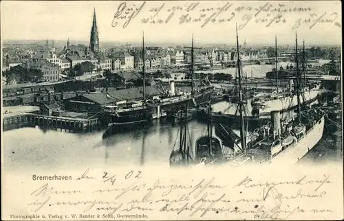 Ak Bremerhaven, Hafen und Stadtpanorama, Dampfer, Lagerhalle Norddeutscher Lloyd