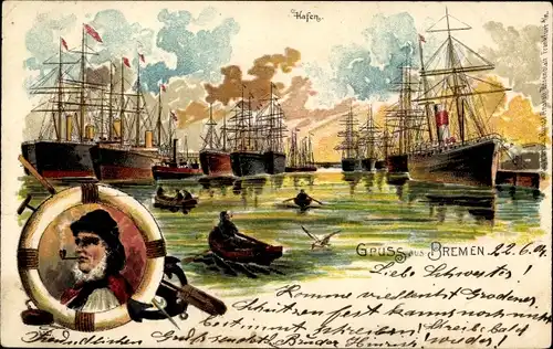 Litho Hansestadt Bremen, Hafen, Schiffe