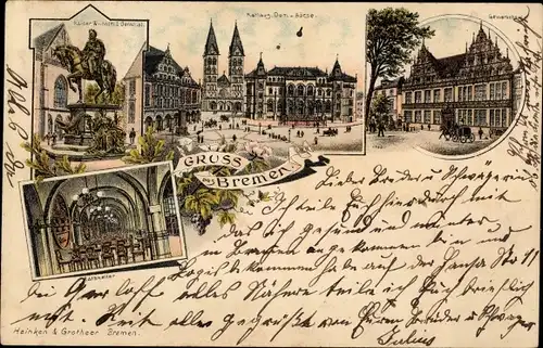 Litho Hansestadt Bremen, Kaiser Wilhelm I Denkmal, Rathaus, Dom, Ratskeller