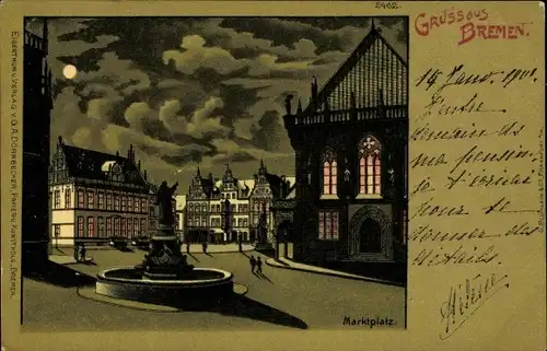 Mondschein Litho Hansestadt Bremen, Marktplatz, Brunnen, Rathaus