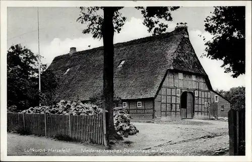 Ak Harsefeld in Niedersachsen, Niedersächsisches Bauernhaus, Storchnest
