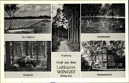 Ak Wingst in Niedersachsen, Der Balksee, Familienbad, Bahnhofshotel, Steingrab, Waldweg