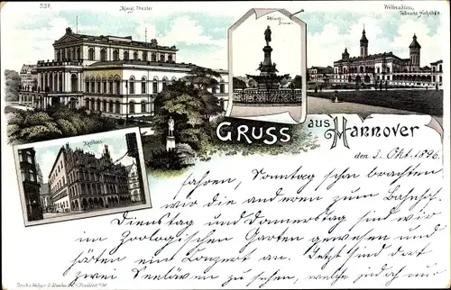 Litho Hannover in Niedersachsen, Königliches Theater, Rathaus, Welfenschloss, Hochschule