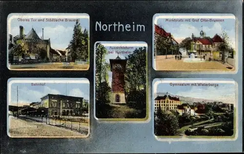 Ak Northeim in Niedersachsen, Bahnhof, Gymnasium, Marktplatz, Aussichtsturm, Städtische Brauerei