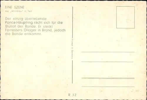 Ak Filmszene Winnetou II. Teil, Pferd im Gallop, Ponca Häuptling steckt Forresters Öllager in Brand