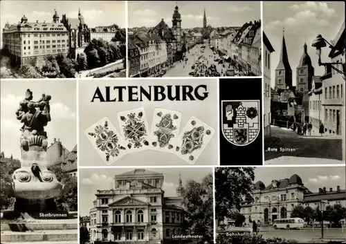Ak Altenburg in Thüringen, Schloss, Markt, Rote Spitzen, Skatbrunnen, Landestheater, Bahnhof