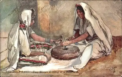 Ak The Holy Land, two women grinding at hand mill
