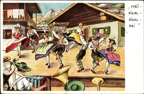 Künstler Ak Walmont, I. v., Tanzende Menschen, Tiroler Trachten, Bühne, Musikinstrumente