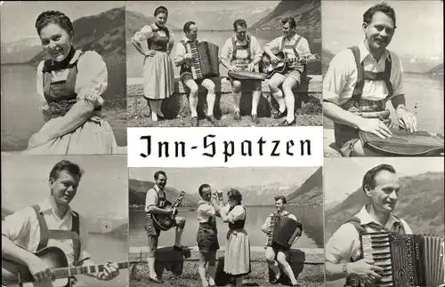 Ak Musiker Inn-Spatzen, österreichische Trachten, Musikinstrumente, Akkordeon, Gitarre