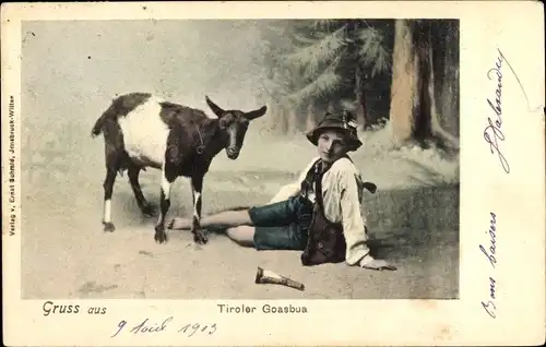 Ak Tiroler Goasbua, Kind in Tiroler Tracht, Ziege