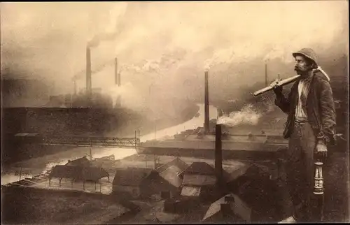 Ak Souvenir du Pays Noi, Bergmann mit Grubenlampe und Spitzhacke