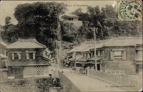 Ak Yokohama Präf Kanagawa Japan, Ortsansicht, Wohnhäuser, Brücke