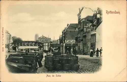 Ak Rotterdam Südholland Niederlande, Aan de Schie, Lastkahn, Brücke