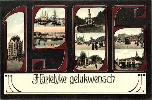 Ak Rotterdam Südholland Niederlande, 1906, Denkmal, Straßenpartie, Wasserspiel, Gebäude