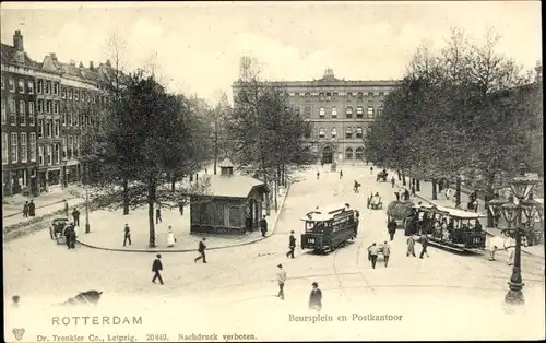 Ak Rotterdam Südholland Niederlande, Beursplein und Postamt, Straßenbahn