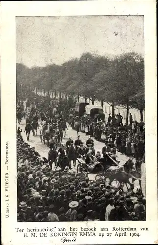 Ak Rotterdam Südholland Niederlande, Erinnerung an den Besuch der Königin Emma am 27. April 1904