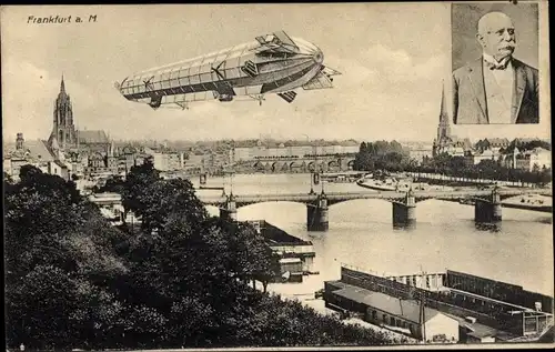 Ak Frankfurt am Main, Zeppelin über der Stadt, Portrait