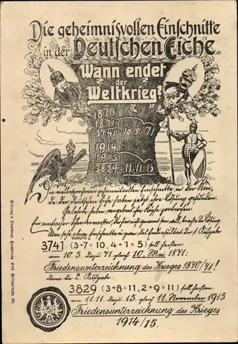 Künstler Ak Einschnitte in der Deutschen Eiche, Wann endet der Weltkrieg, Friedensunterzeichnung