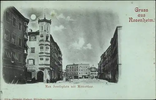 Mondschein Ak Rosenheim Oberbayern, Max Josefsplatz mit Mitteltor