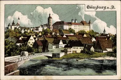 Künstler Ak Günzburg an der Donau Schwaben, Gesamtansicht mit Brücke, Schloss