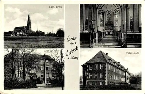 Ak Visbek Visbeck in Oldenburg, Krankenhaus, Volksschule, katholische Kirche, Inneres