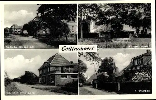 Ak Collinghorst Rhauderfehn in Ostfriesland, Kaufhaus Battermann, Kirchstraße, Steenblock, Denkmal