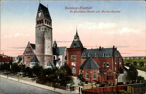 Ak Hochfeld Duisburg Nordrhein Westfalen, St. Bonifazius Kirche mit Marienhospital