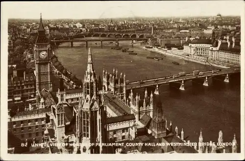 Ak Westminster London City, View of Houses of Parliament, County Hall, Westminster Bridge