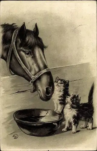 Präge Ak Zwei junge Katzen, Pferd