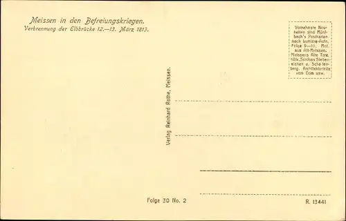 Künstler Ak Meißen an der Elbe, Befreiungskriege, Verbrennung der Elbbrücke 12.-13. März 1813