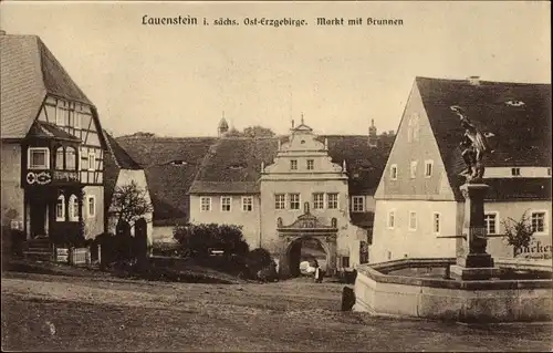 Ak Lauenstein Altenberg im Erzgebirge, Markt mit Brunnen