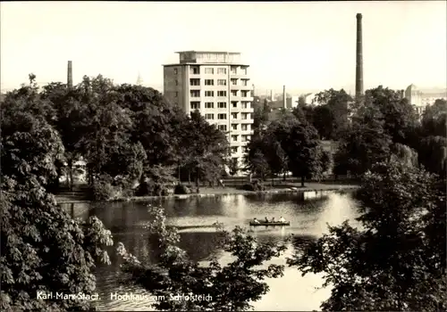 Ak Karl Marx Stadt Chemnitz in Sachsen, Hochhaus am Schlossteich