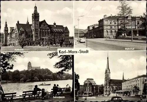 Ak Karl Marx Stadt Chemnitz in Sachsen, Rathaus, Bahnhof, Schlossteich, Theaterplatz