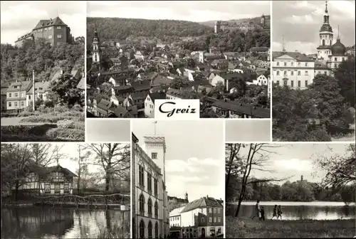 Ak Greiz im Vogtland, Oberes u. unteres Schloss, Stadtkirche, Schwanenhäuschen, Rathaus, Leninpark