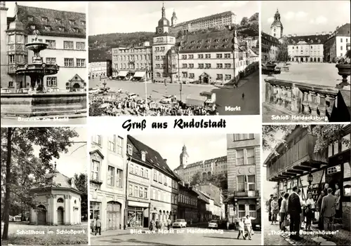 Ak Rudolstadt in Thüringen, Brunnen, Markt, Schloss Heidecksburg, Schallhaus, Thüringer Bauernhäuser