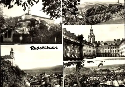 Ak Rudolstadt in Thüringen, Heidecksburg mit Treffhaus Goethe u. Schiller, Stadtkirche, Schlosshof