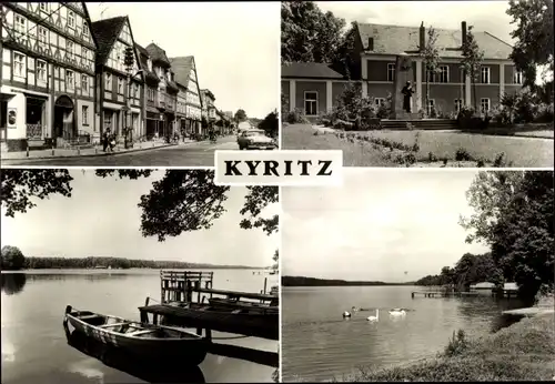 Ak Kyritz in der Prignitz, Straßenpartie, Fachwerkhäuser, Denkmal, Bootsanleger, Schwäne