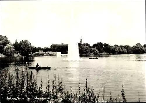 Ak Zwickau in Sachsen, Schwanenteich, Fontäne