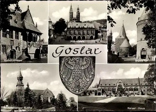 Ak Goslar am Harz, Rathaustreppe, Marktplatz, Breites Tor, Wappen, Frankenberger Kirche, Kaiser-Haus