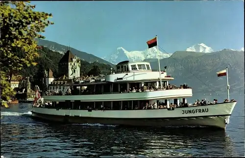 Ak Oberhofen am Thunersee Kanton Bern, Salondampfer MS Jungfrau, Eiger, Mönch